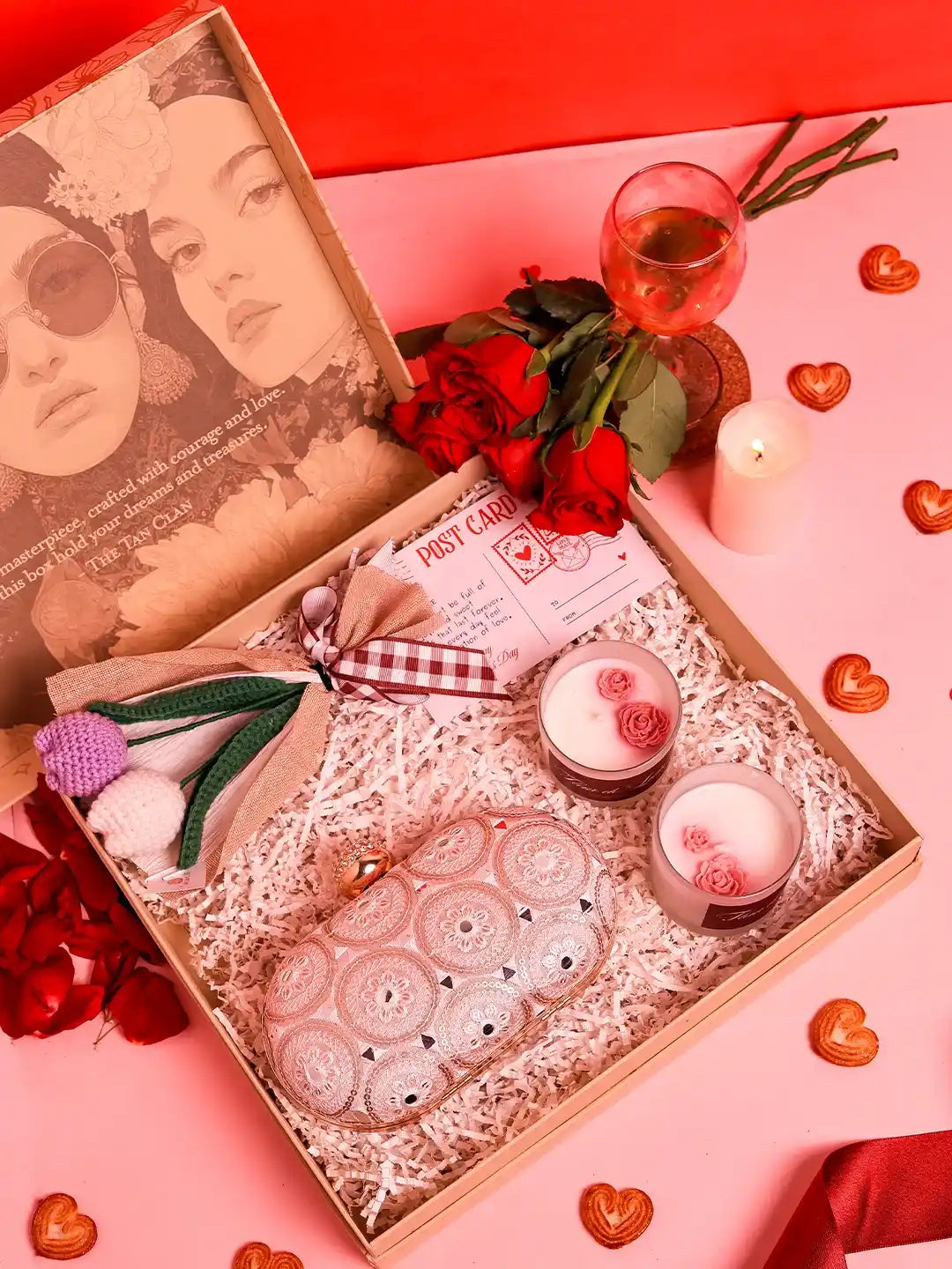 Soul-Care gift set featuring Inaara clutch, candle, and flower, arranged together in a stylish, elegant presentation.