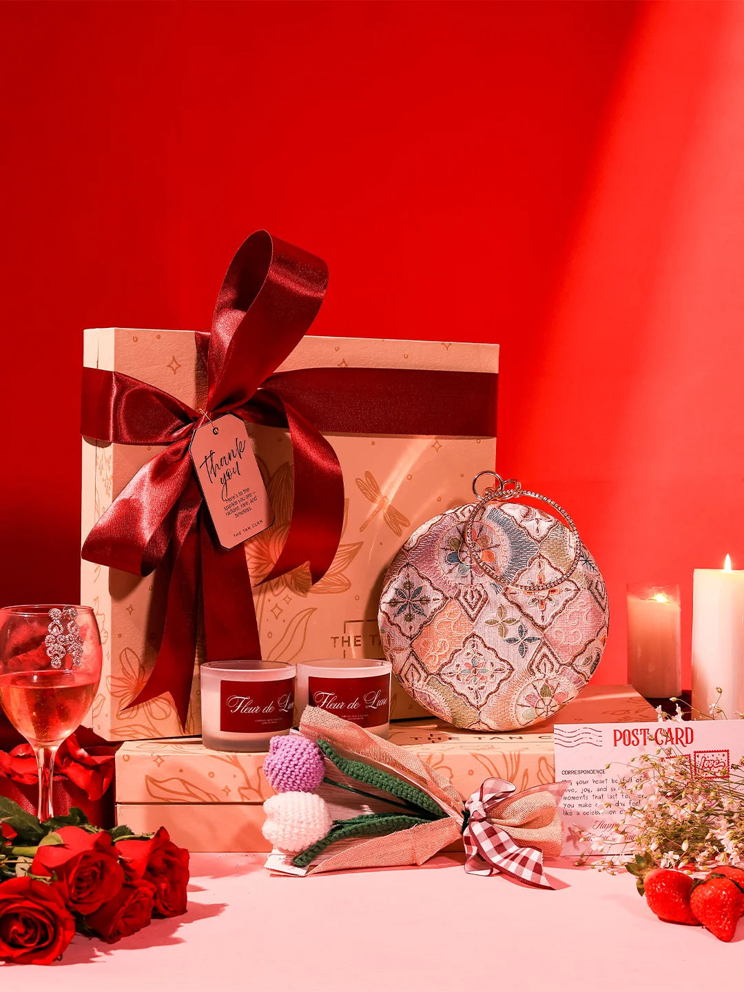 Soul-Care gift set featuring Mughal clutch, candle, and flower in a set of three by THE TAN CLAN, elegant and decorative.
