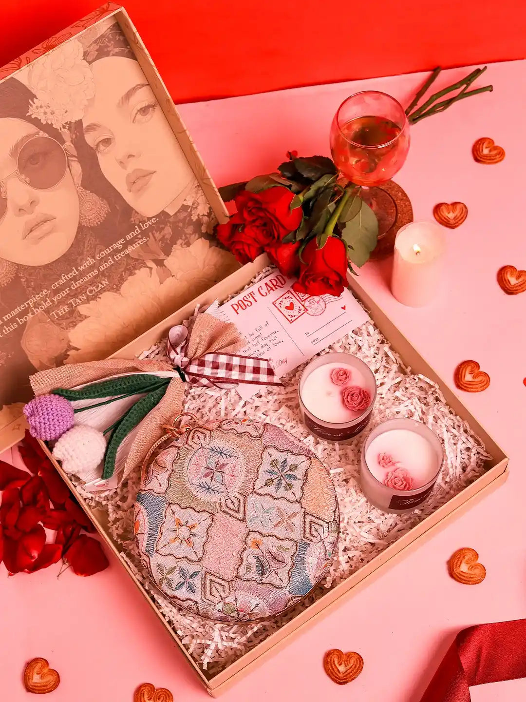 Soul-Care gift set featuring Mughal clutch, candle, and flower, with elegant design and vibrant colors, by THE TAN CLAN.