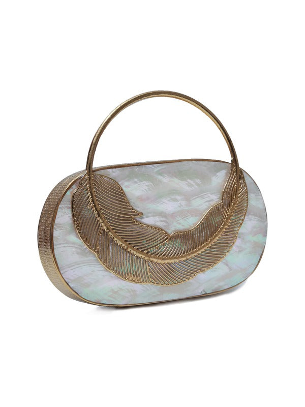 Stella Mother of Pearl Clutch by The Tan Clan with iridescent pearl finish and elegant compact design.