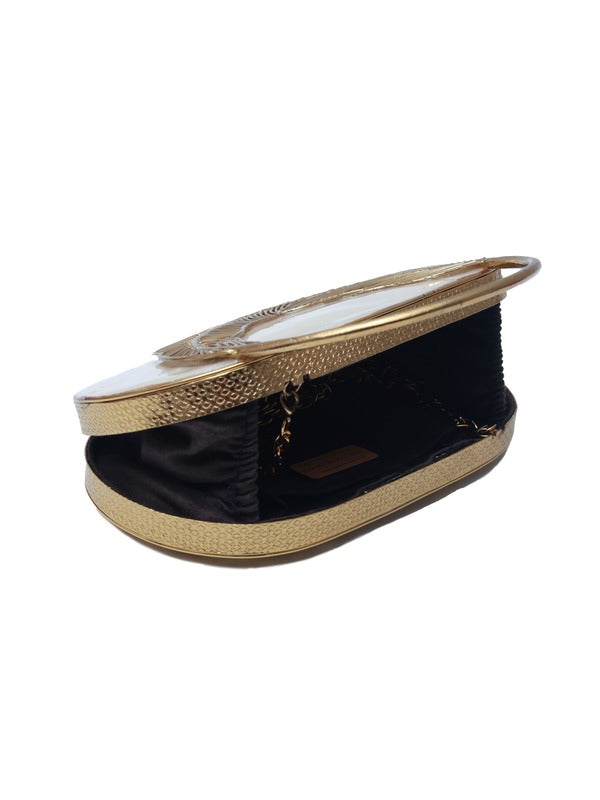 Stella Mother of Pearl Clutch by The Tan Clan featuring iridescent pearl finish and sleek rectangular design.