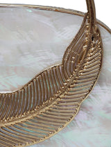 Stella Mother of Pearl Clutch by The Tan Clan, elegant clutch with iridescent mother of pearl surface and sleek design.