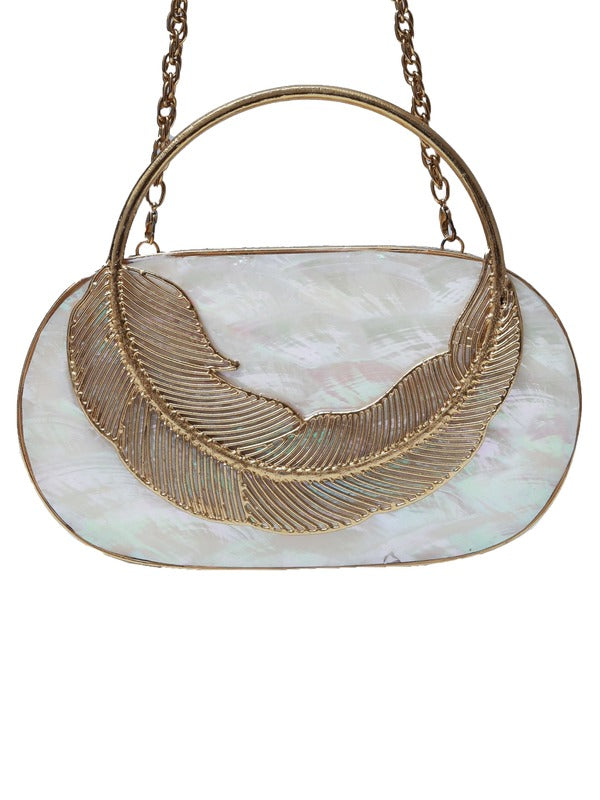 Stella Mother of Pearl Clutch by The Tan Clan, elegant clutch with iridescent mother of pearl surface and sleek design.