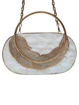 Stella Mother of Pearl Clutch by The Tan Clan, elegant clutch with iridescent mother of pearl surface and sleek design.