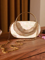 Stella Mother of Pearl Clutch by The Tan Clan featuring iridescent mother of pearl exterior and elegant fold-over design.