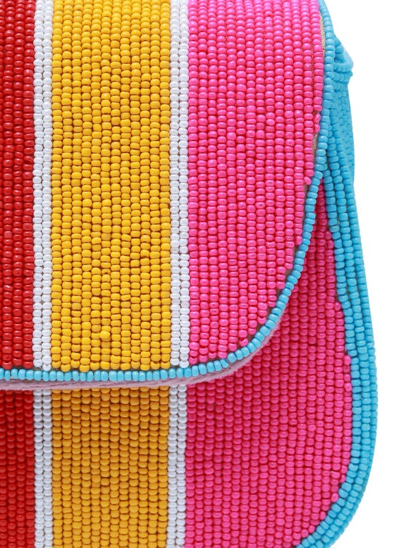 Multicolor Stripe Baguette Bag with Handle by The Tan Clan, featuring vibrant woven design and a sturdy top handle.