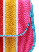 Multicolor Stripe Baguette Bag with Handle by The Tan Clan, featuring vibrant woven design and a sturdy top handle.