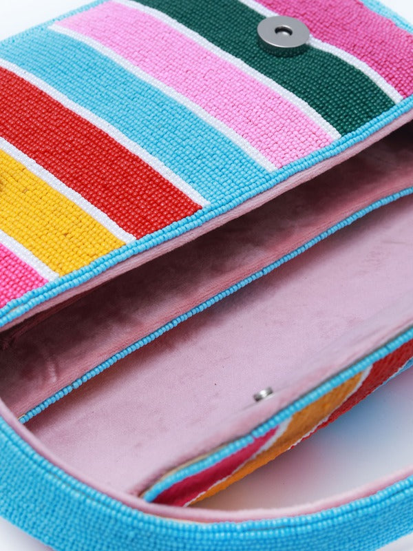 Multicolor stripe baguette bag with handle by The Tan Clan, featuring a chic and compact design for stylish everyday use.