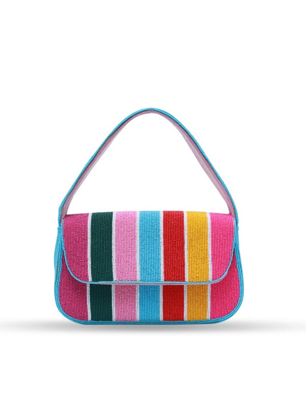 Multicolor Stripe Baguette Bag with Handle by The Tan Clan, stylish accessory featuring vibrant woven design and top handle.