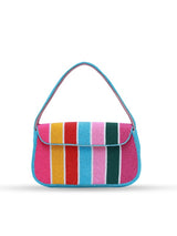 Multicolor striped baguette bag with handle by The Tan Clan, featuring a compact design and vibrant pattern.