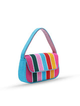 Multicolor striped baguette bag with handle by The Tan Clan, featuring a compact, stylish design and vibrant color pattern.