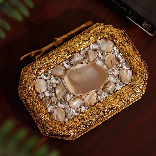 Swarn Combo featuring THE TAN CLAN Burj Agate Stone Clutch and Mini Lotus Potli Bag, elegant ethnic accessory set.
