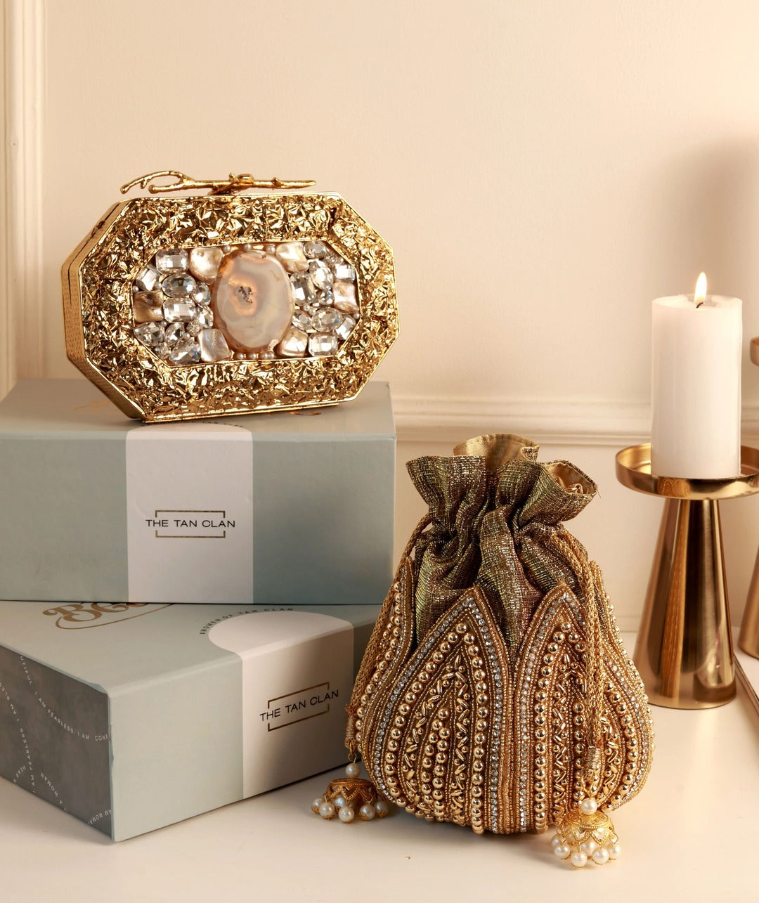 Swarn Combo featuring a Burj Agate Stone clutch and mini lotus potli bag from THE TAN CLAN, elegant traditional Indian accessories.