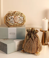 Swarn Combo featuring a Burj Agate Stone clutch and mini lotus potli bag from THE TAN CLAN, elegant traditional Indian accessories.