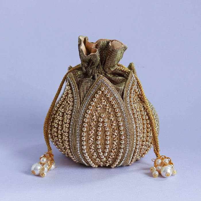 Swarn hand embroidered mini lotus potli bag with intricate traditional embroidery, crafted by The Tan Clan.