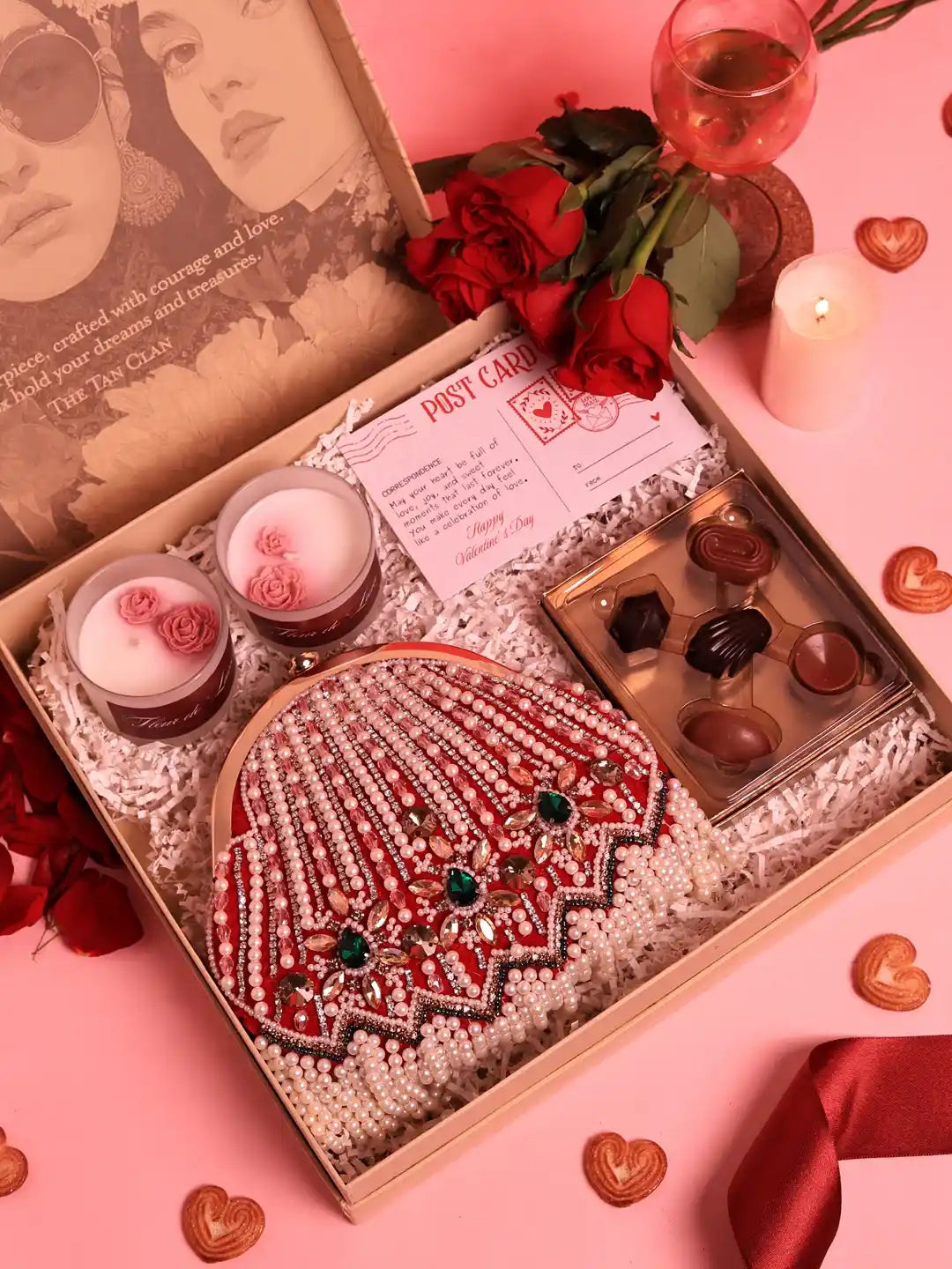 Sweet Candle Gift Set by THE TAN CLAN featuring a Frida clutch, candle, and chocolates in a set of three.