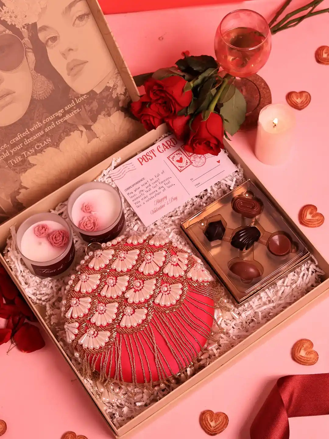 Sweet Candle Gift Set by THE TAN CLAN featuring an Irsa clutch, candles, and chocolates in a set of three.