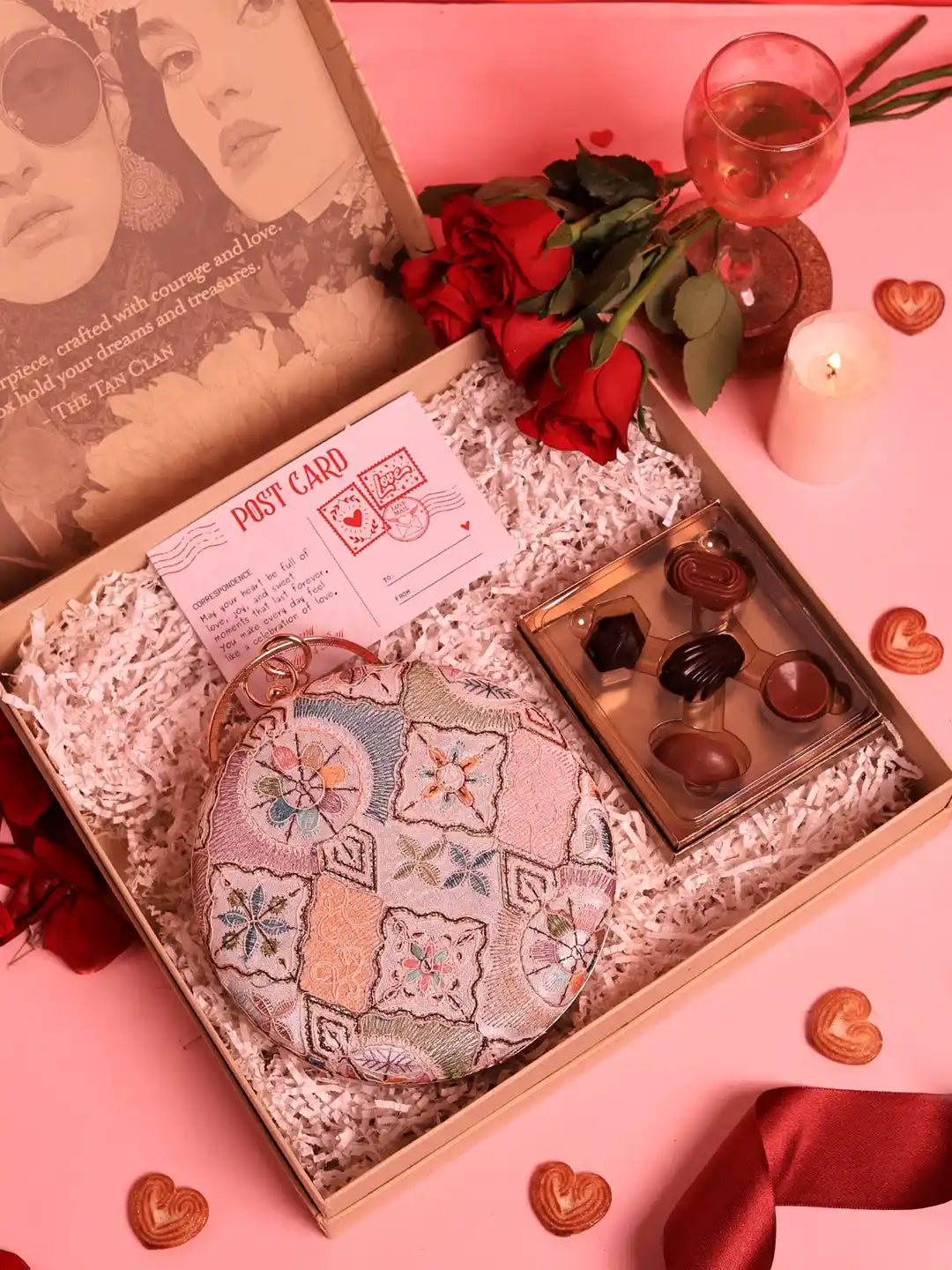 Set of two Sweet Treat Hamper mugs by THE TAN CLAN with Mughal clutch design and chocolates inside, ideal for gifting or dessert enjoyment.