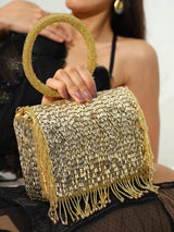 Sylvie Combo: Gold flap bag and embellished clutch from THE TAN CLAN, featuring elegant design and intricate details.