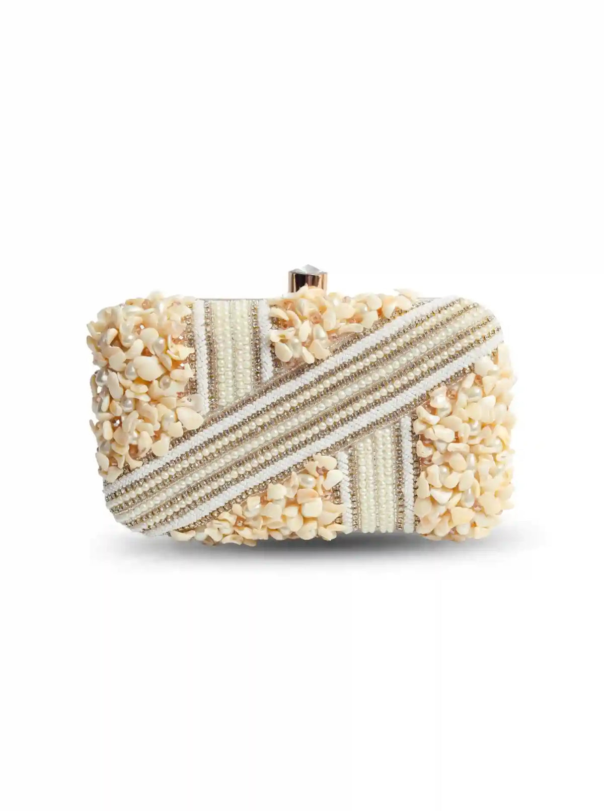Saliha hand-embroidered clutch with gold flap and intricate embellishments, stylish accessory from The Tan Clan.