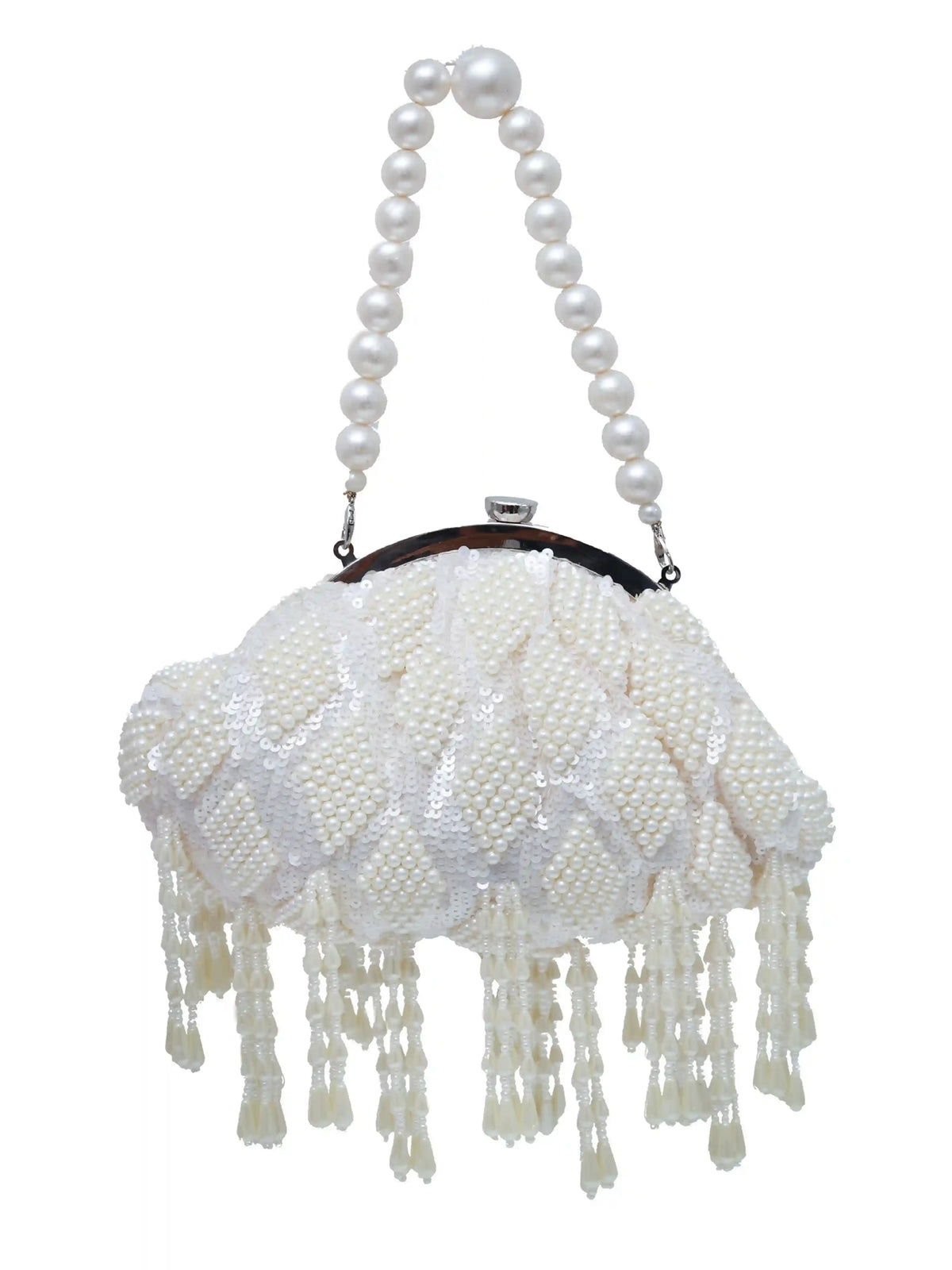 Tara Pearl Tasselled Batua with Detachable Handle by The Tan Clan, showcasing a traditional bag with pearl tassels and a removable strap