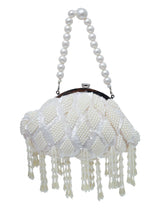 Tara Pearl Tasselled Batua with Detachable Handle by The Tan Clan, showcasing a traditional bag with pearl tassels and a removable strap