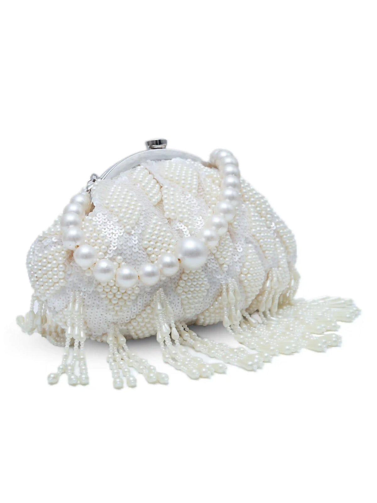 Tara Pearl Tasselled Batua with Detachable Handle by The Tan Clan, showcasing a stylish pearl-embellished traditional Indian bag with tassels.