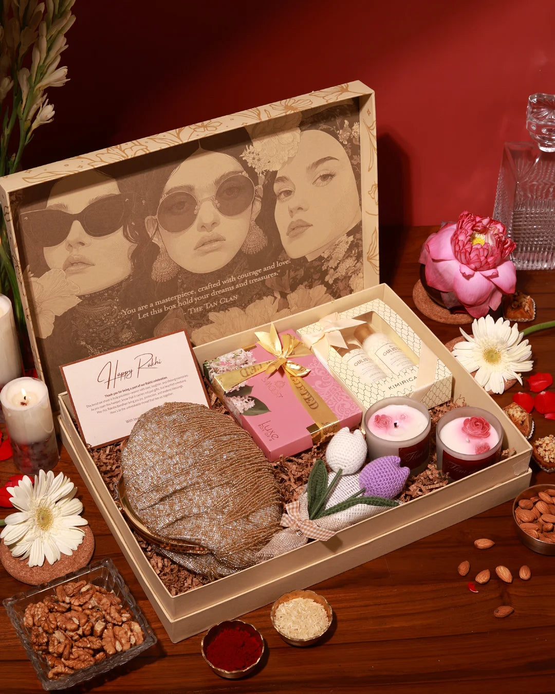 The Tan Clan's The Luxe Affair Hamper - Amour featuring elegant packaging and luxury gift items in a sophisticated gift box.