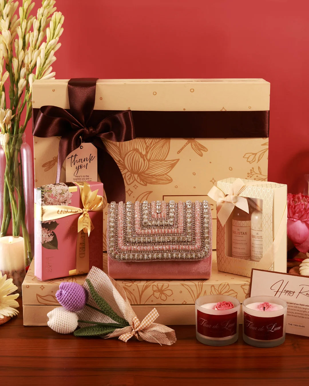 The Tan Clan The Luxe Affair Hamper in Nysa Pink, featuring a stylish pink gift hamper with luxurious packaging and contents.