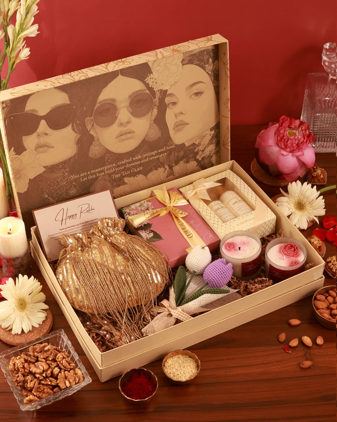 The Tan Clan The Luxe Affair Hamper Twinkle with elegant wrapping and ribbon, showcasing luxury gift presentation.