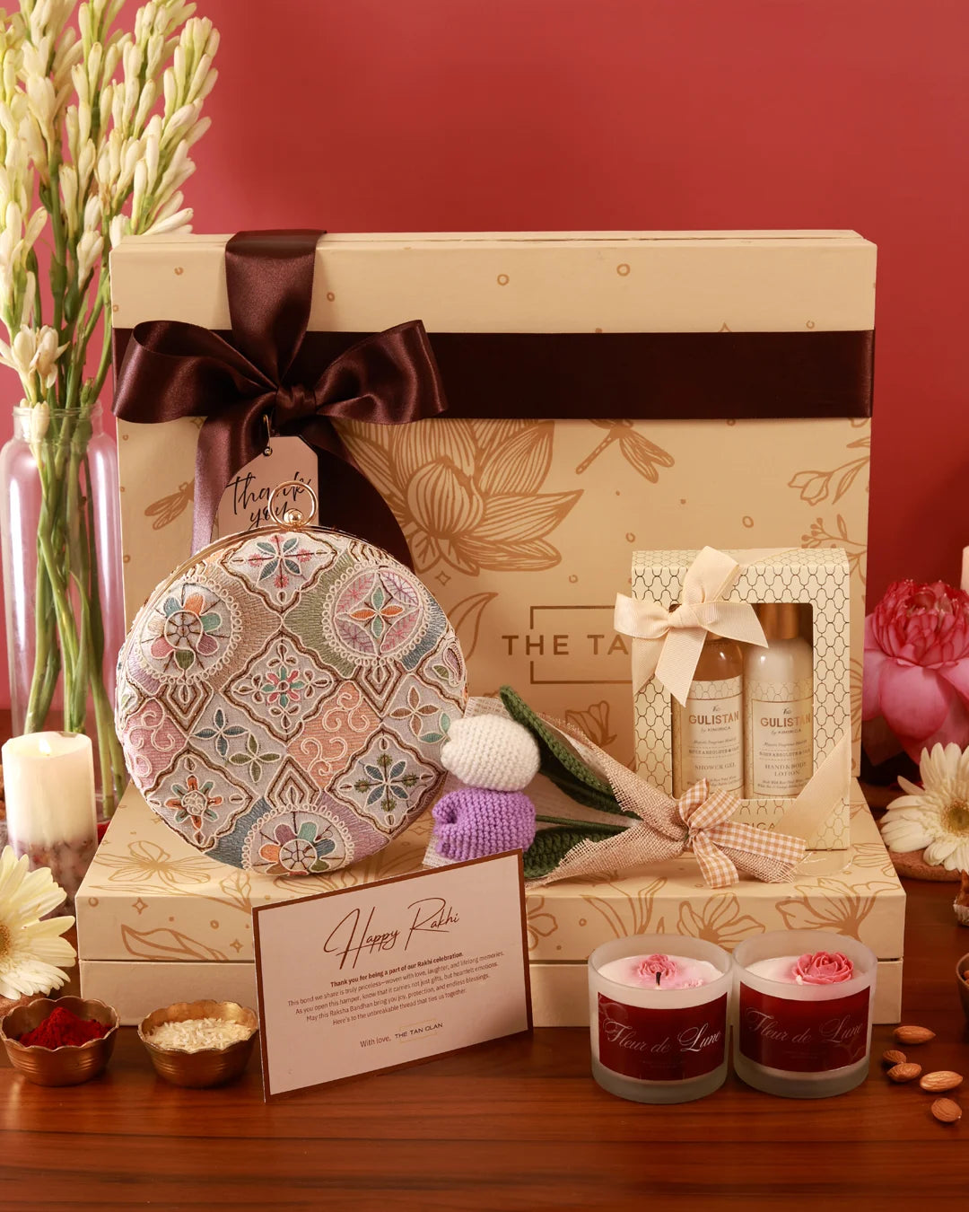 Elegant Luxe Blossom Hamper by The Tan Clan featuring a Mughal-inspired design with floral and intricate patterns.