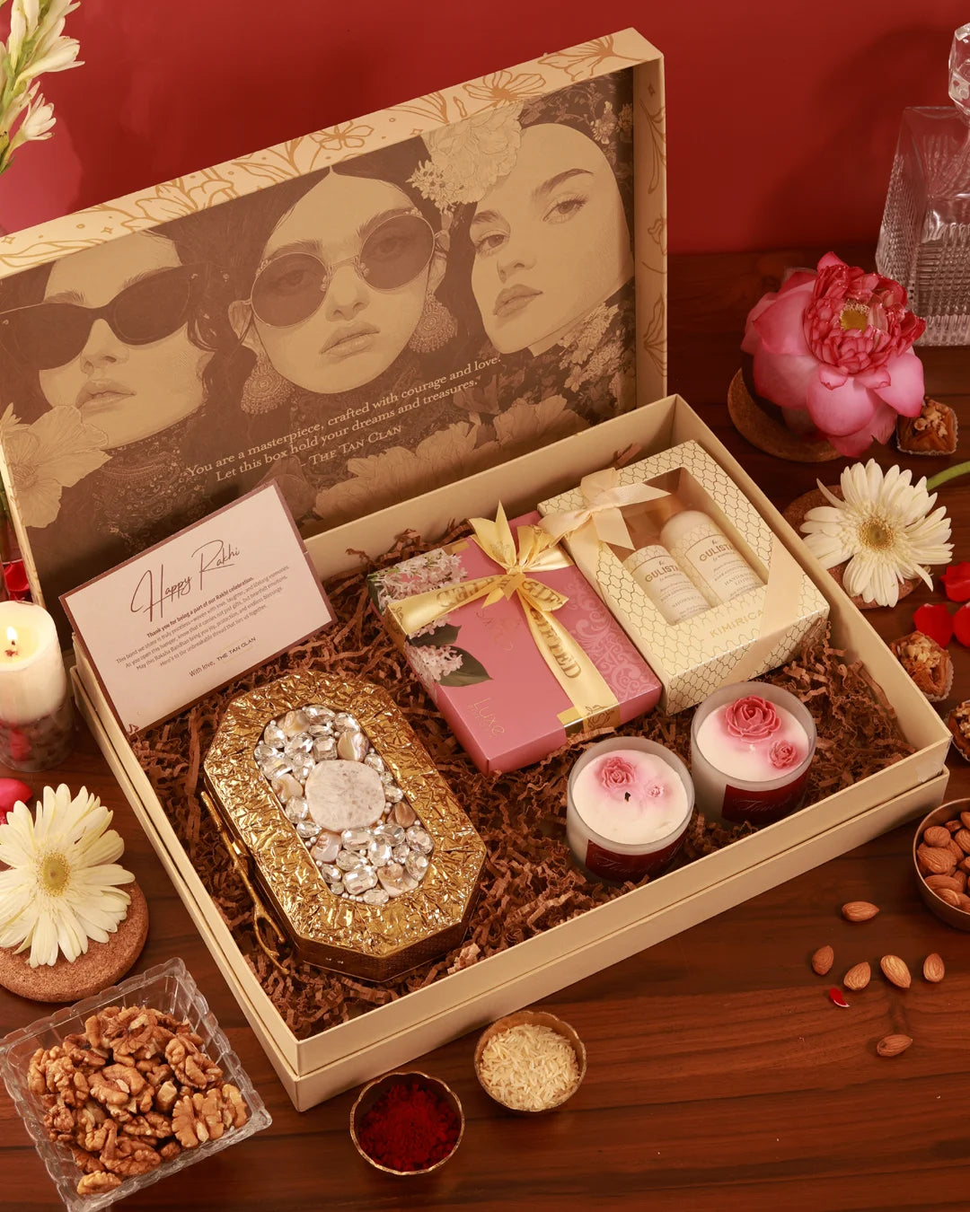 Luxury pamper hamper by The Tan Clan featuring skincare products, plush towels, and wellness items in an elegant gift basket.