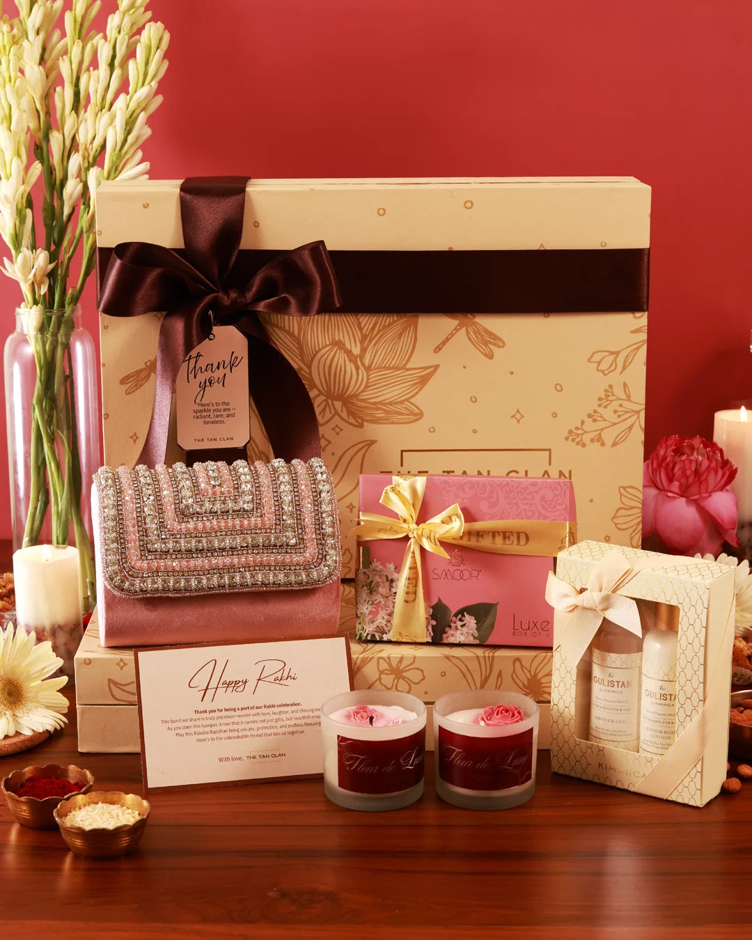 Luxurious pamper hamper from The Tan Clan featuring skincare products, cozy accessories, and self-care essentials in elegant packaging.