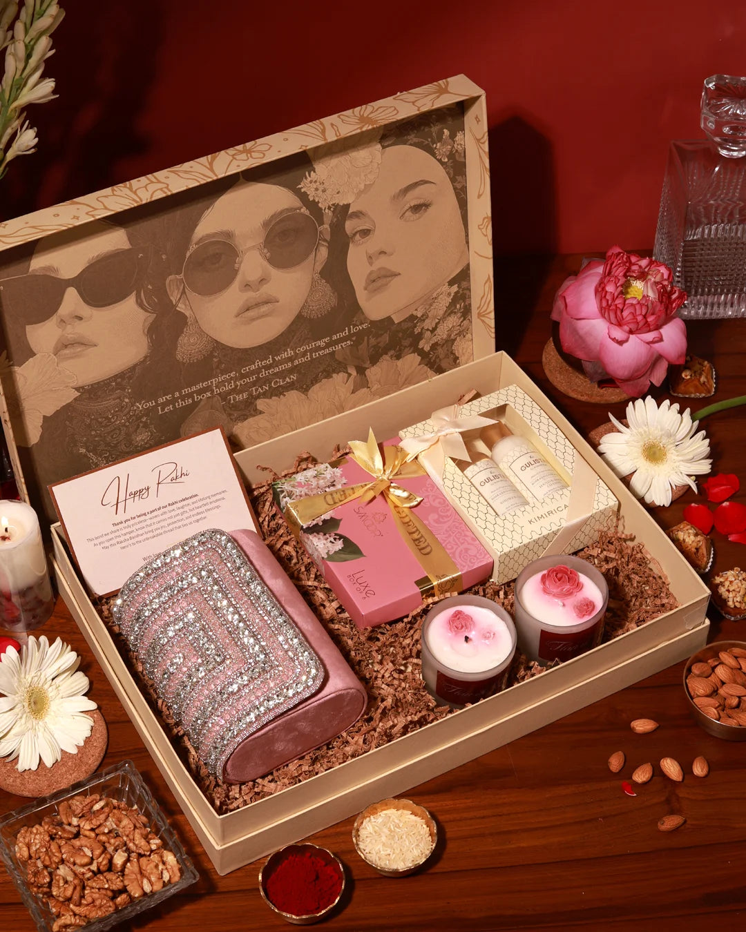 The Tan Clan's Ultimate Pamper Hamper Nysa with skincare products, bath essentials, and cozy accessories in a luxurious gift basket.
