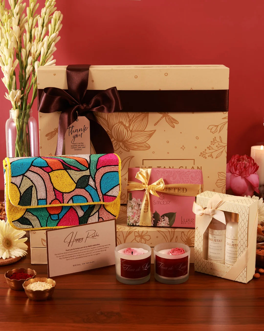 Luxury pamper hamper by The Tan Clan featuring skincare products, plush towels, and relaxing accessories in a gift-ready presentation.