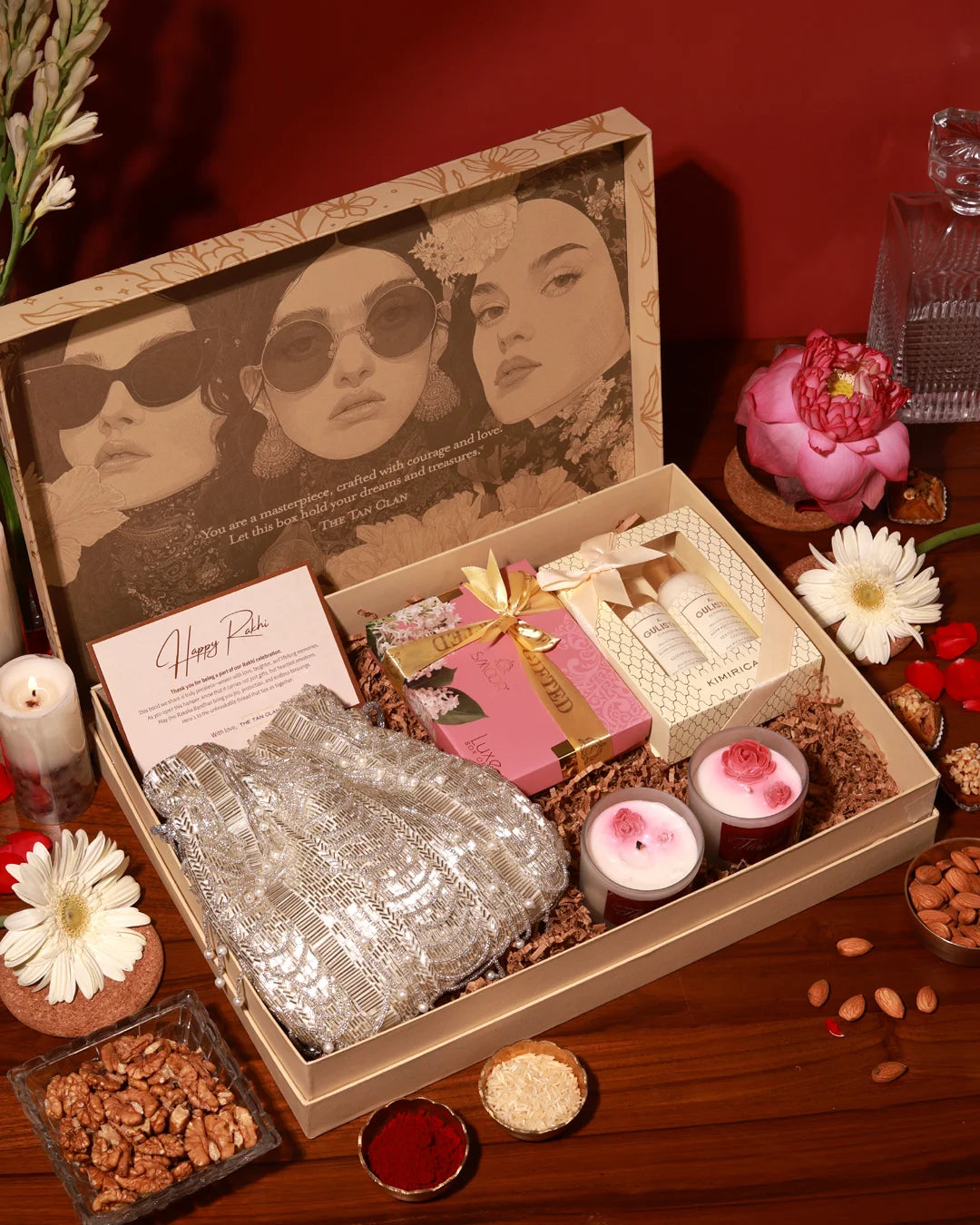 Luxurious pamper hamper from The Tan Clan featuring skincare products, plush accessories, and self-care essentials for relaxation.