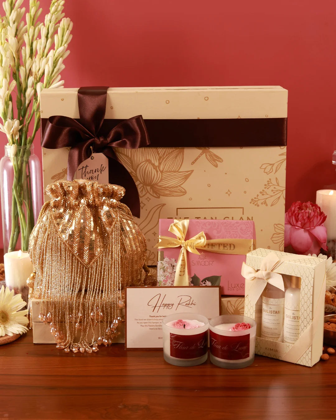 Luxury pamper hamper by The Tan Clan featuring skincare products, plush towels, and beauty essentials for relaxation and self-care.