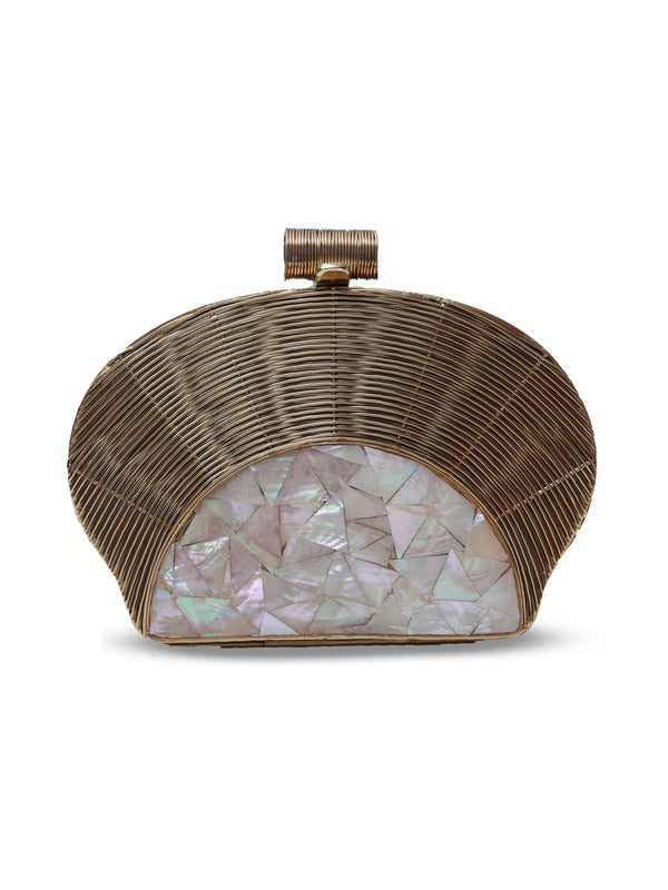 Mother of pearl Tiara clutch bag by The Tan Clan featuring a shiny, elegant pearl design and compact, stylish shape.