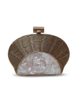 Mother of pearl Tiara clutch bag by The Tan Clan featuring a shiny, elegant pearl design and compact, stylish shape.
