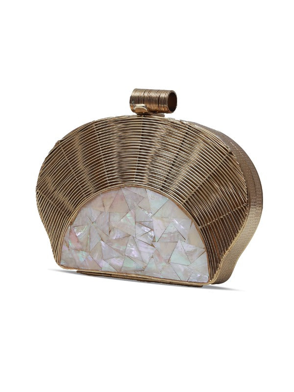 Mother of pearl Tiara clutch bag by The Tan Clan featuring a shimmering, elegant design with a sleek, compact shape.