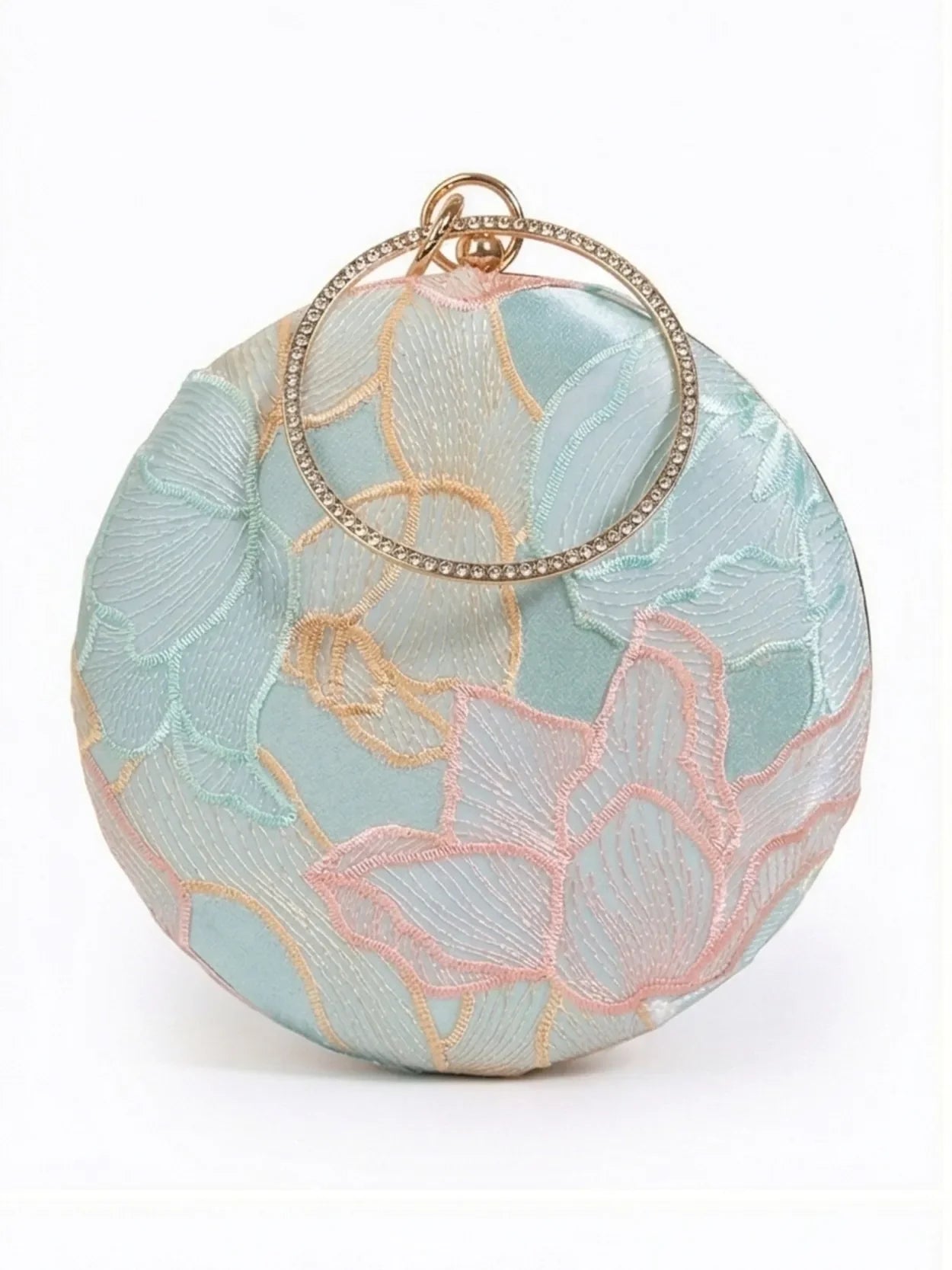 Tide Blue Round Clutch by The Tan Clan showing a circular blue leather handbag with a sleek design and zipper closure.