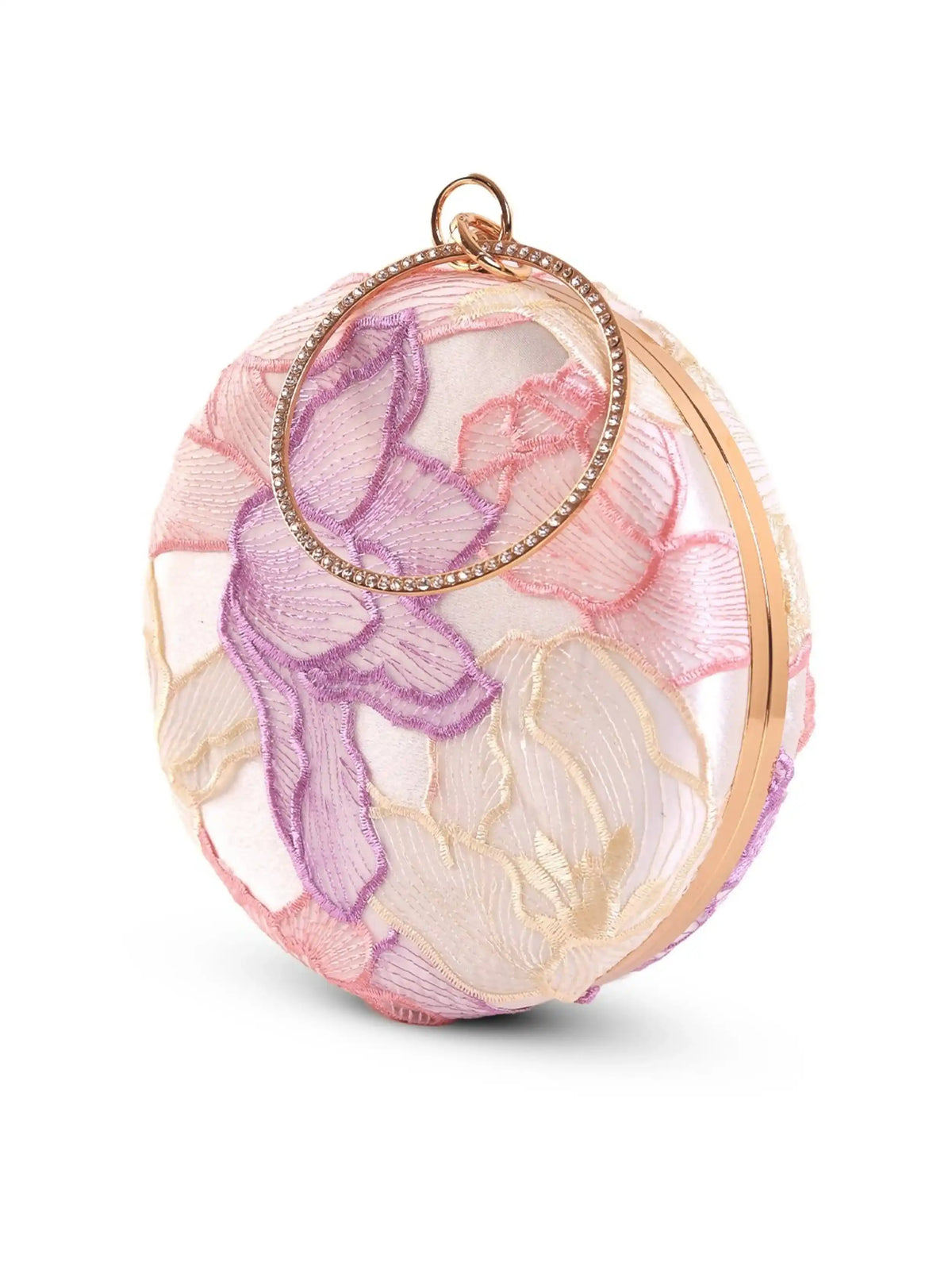 Pink round clutch by The Tan Clan with a sleek, minimalist design and smooth finish, perfect for stylish accessories.