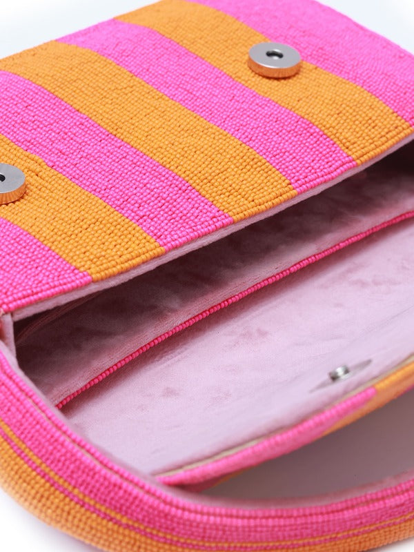 Orange and pink Tulip Baguette Bag with handle by The Tan Clan, featuring a sleek, compact design and stylish color combination.