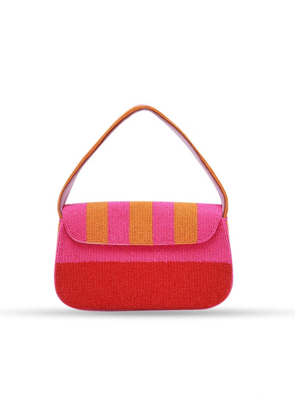 Orange and pink Tulip Baguette Bag with handle by The Tan Clan, featuring a stylish, compact design with a textured finish.