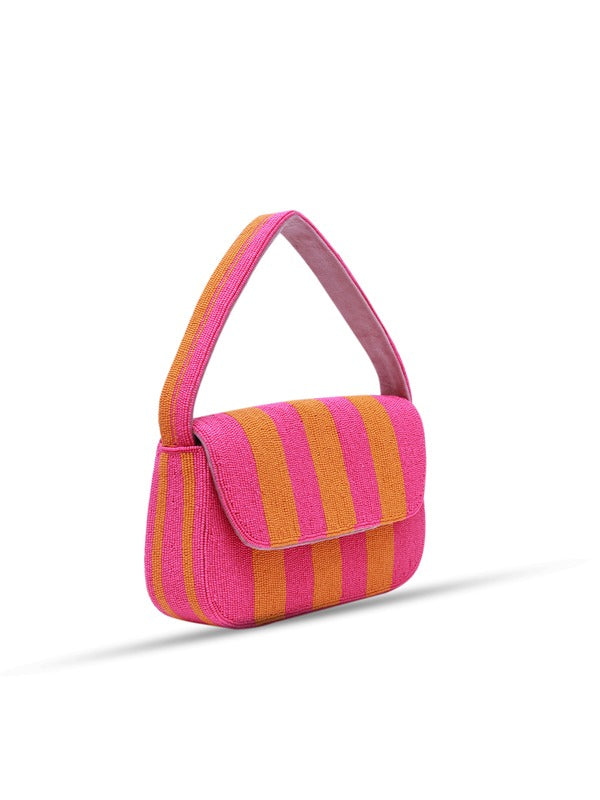 Orange and pink Tulip Baguette Bag with handle by The Tan Clan, featuring a sleek design and vibrant color combination.