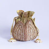 Hand-embroidered mini lotus potli bag by The Tan Clan with intricate embroidery and a drawstring closure, perfect for traditional occasions.