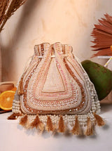 Beige tasselled Potli Bag from The Tan Clan, stylish and elegant for bridal or festive occasions.