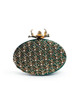 Zafraan hand embroidered clutch by The Tan Clan featuring intricate embroidery and a compact, elegant design.