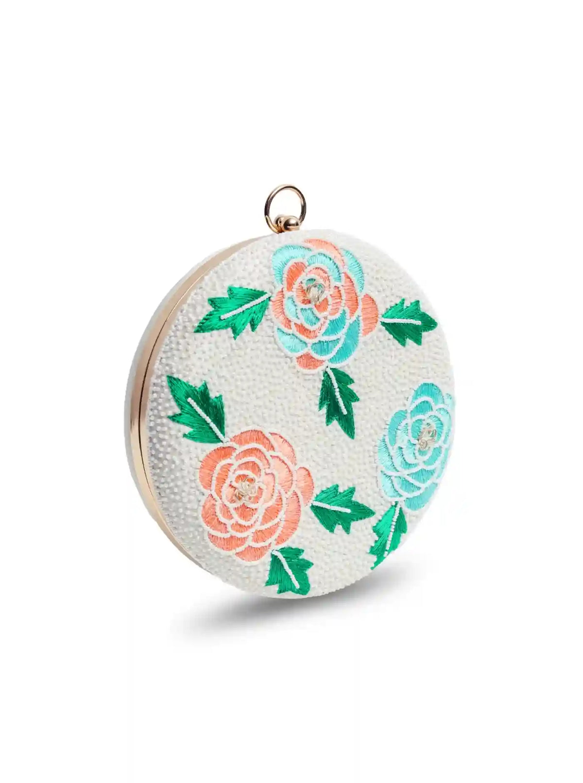 Round floral embroidered clutch bag by The Tan Clan with intricate hand embroidery and a vibrant floral design.