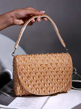 Claire Gold Flap Over Bag by The Tan Clan, stylish leather flap bag with gold accents and adjustable shoulder strap.